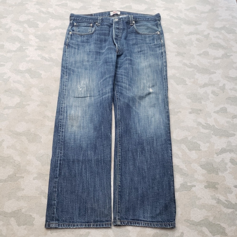 Levi's 501 Jeans Mens 36x30 Blue Straight Leg Button‎ Fly Denim Distressing